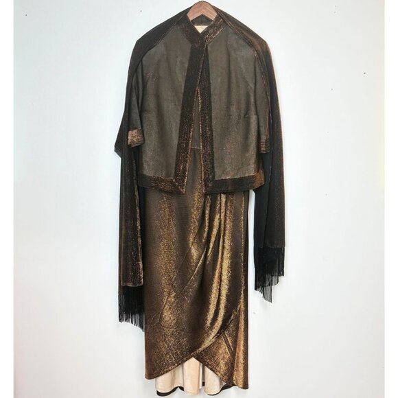Women’s Bronze Maxi Strapless Dress W/Elbow Length Open-Front Jacket & Scarf - Picture 1 of 15